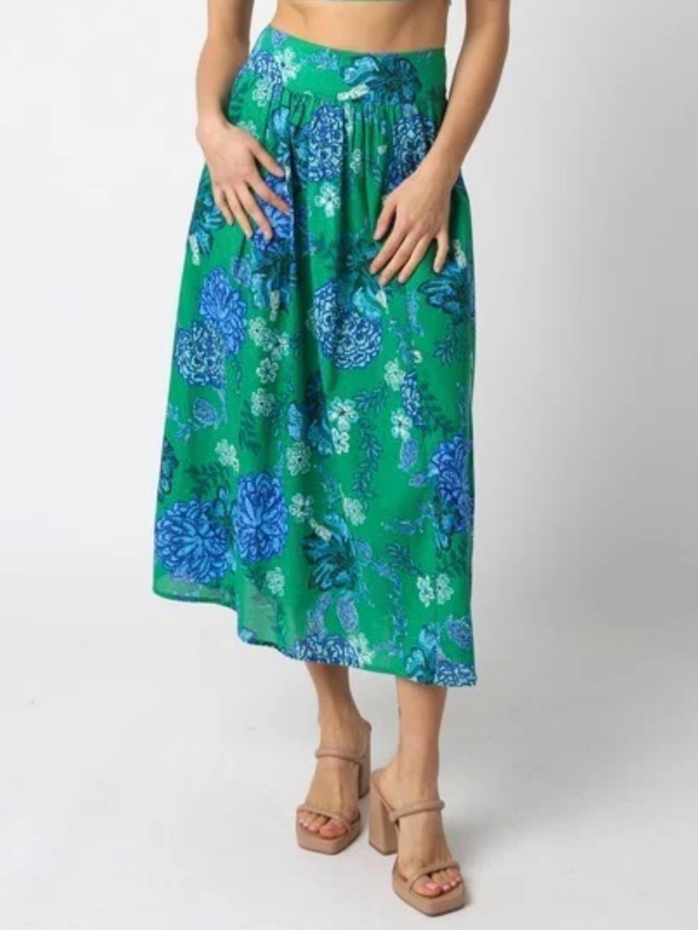 Floral Midi Skirt in Green and Blue